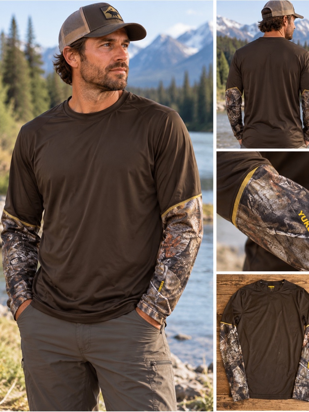 Long-Sleeve Performance Top in Dark Brown with Camouflage Sleeve Panels